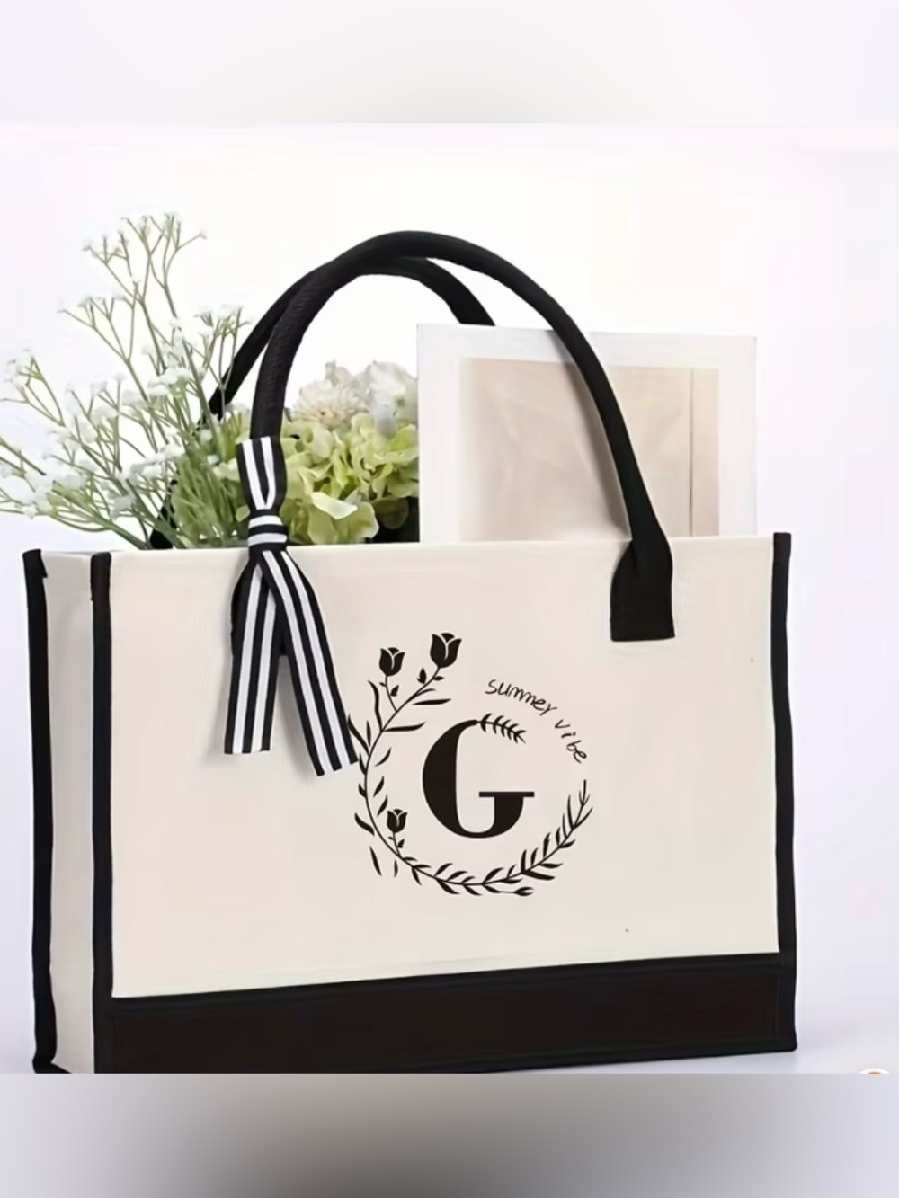 New Canvas Tote Bag with Black Trim and Monogram G
